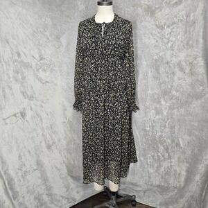 Mushroom Limited Womens M Black Floral Chiffon Midi Dress Tiered Ruffle Ditsy